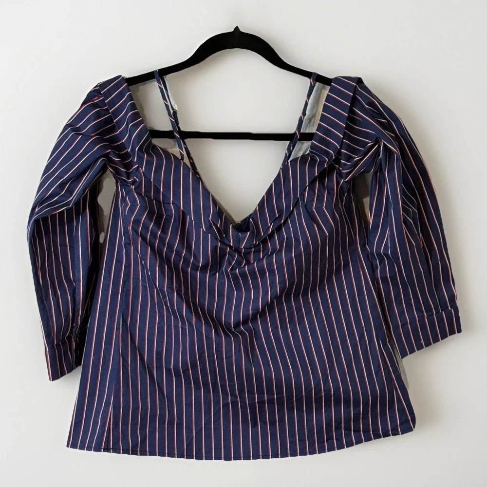Bardot Off‎ Shoulder Blue Stripe Top Sz 4 Cottagecore French Girl Quiet Luxury
